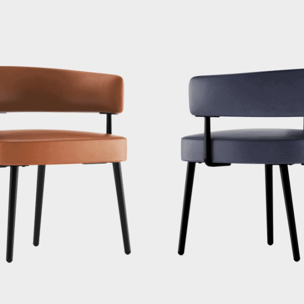 Two stylish modern office chairs, one brown and one dark gray, with black metal legs.