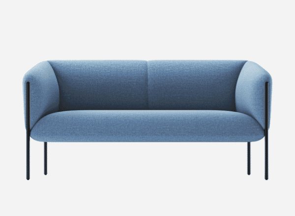 Contemporary blue sofa with sleek design and metal legs.