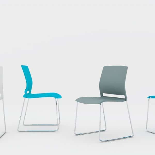 Four modern office chairs in different colors and styles on a white background.