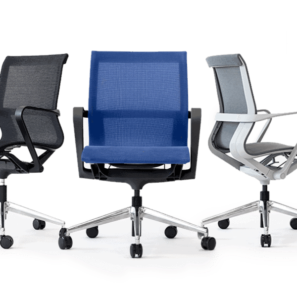 Three ergonomic office chairs in black, blue, and gray with adjustable features.