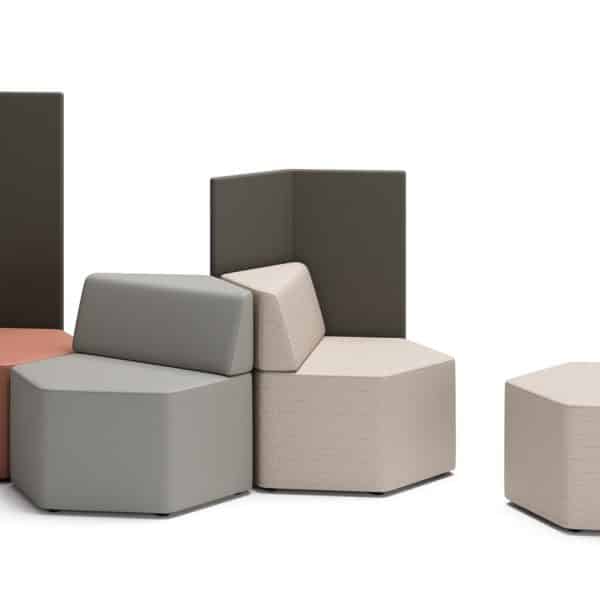 Contemporary modular seating with various shapes and colors for office environments.