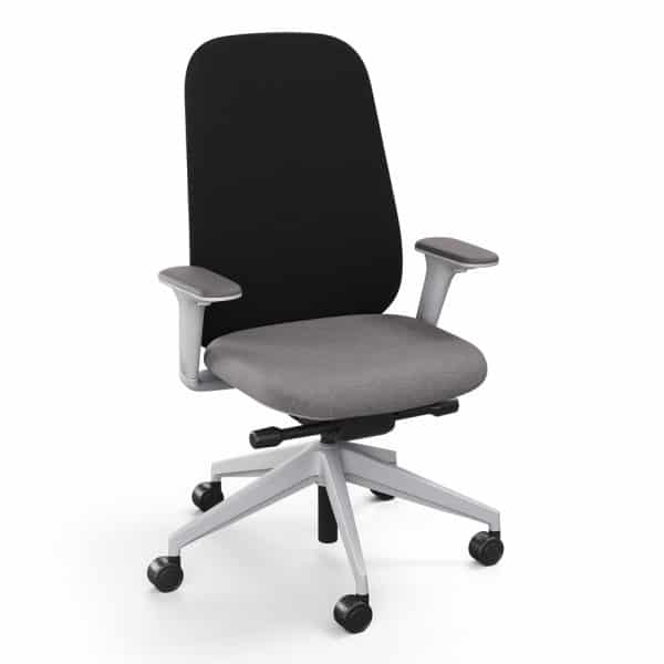 Black and gray ergonomic office chair with adjustable armrests and wheels.