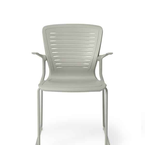 Contemporary office chair with armrests and slatted backrest.