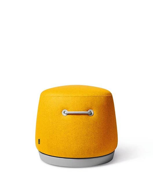 Yellow portable speaker with a handle on a white background.