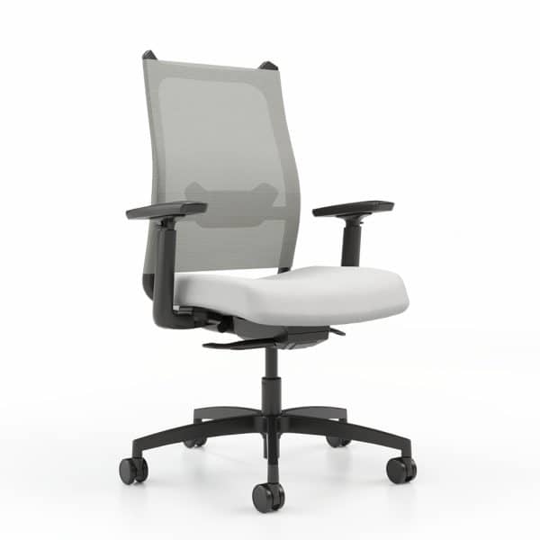 White ergonomic office chair with adjustable armrests and mesh backrest.