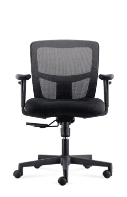 Black ergonomic office chair with mesh back and adjustable armrests.
