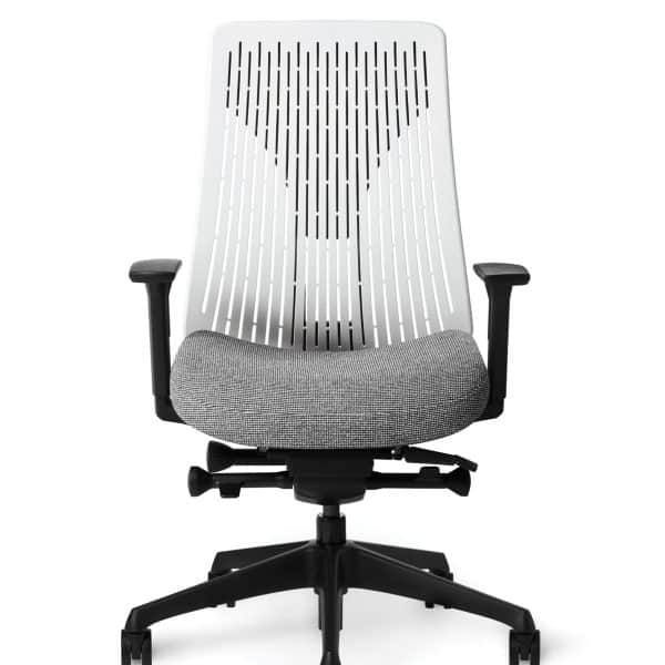 White ergonomic office chair with gray cushion and adjustable armrests.
