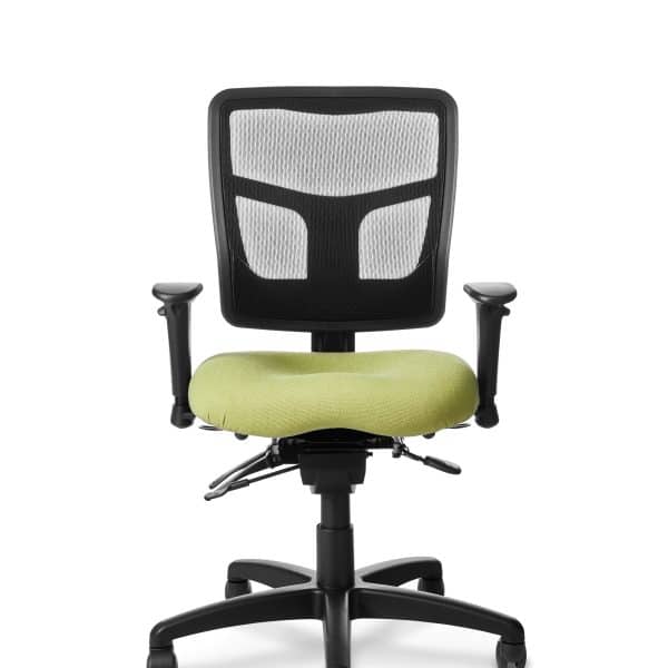 Modern ergonomic office chair with mesh back and lime green seat cushion.