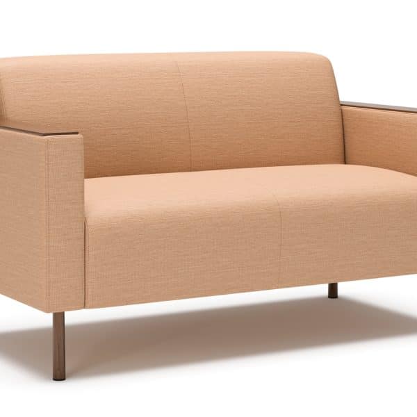 Beige upholstered sofa with wooden legs, modern design, suitable for office or living space.