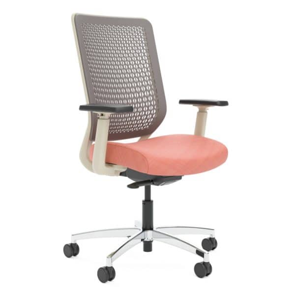 Modern ergonomic office chair with pink seat and gray backrest.