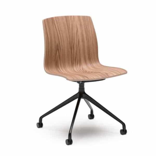 Wooden office chair with black base and wheels.