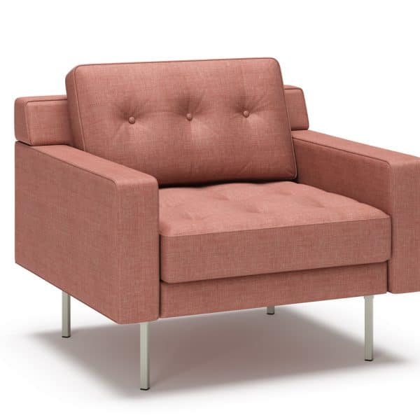 Pink upholstered sofa with button-tufted backrest and metal legs.