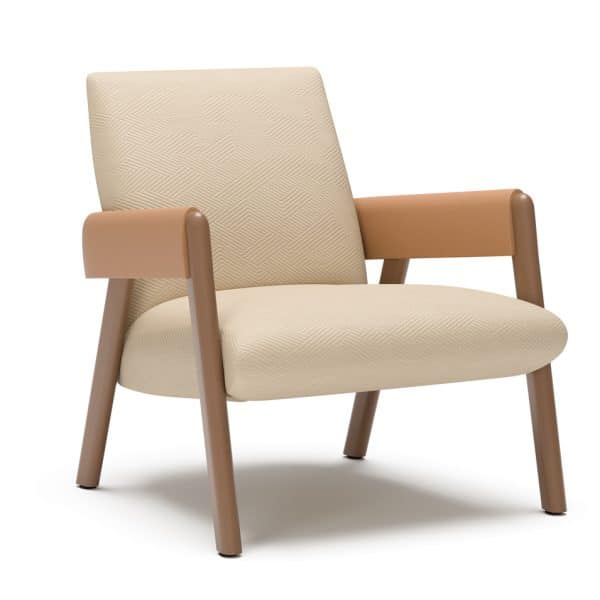 Contemporary beige and brown office armchair with wooden legs.