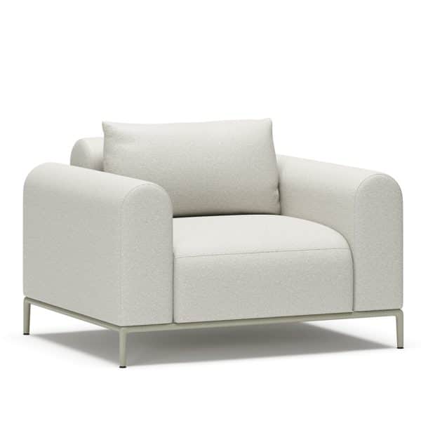 White armchair with plush cushion and sleek design for office or lounge.