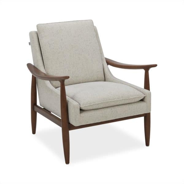 Elegant beige armchair with wooden armrests and legs for office or home.