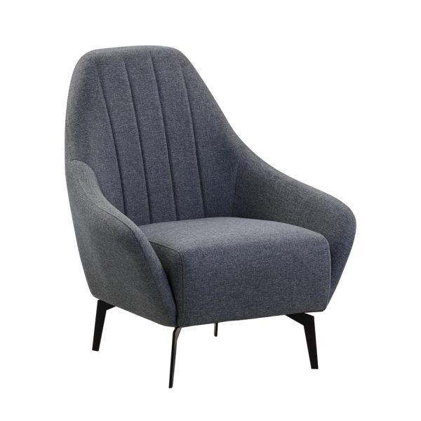 Contemporary grey upholstered office armchair with black legs.