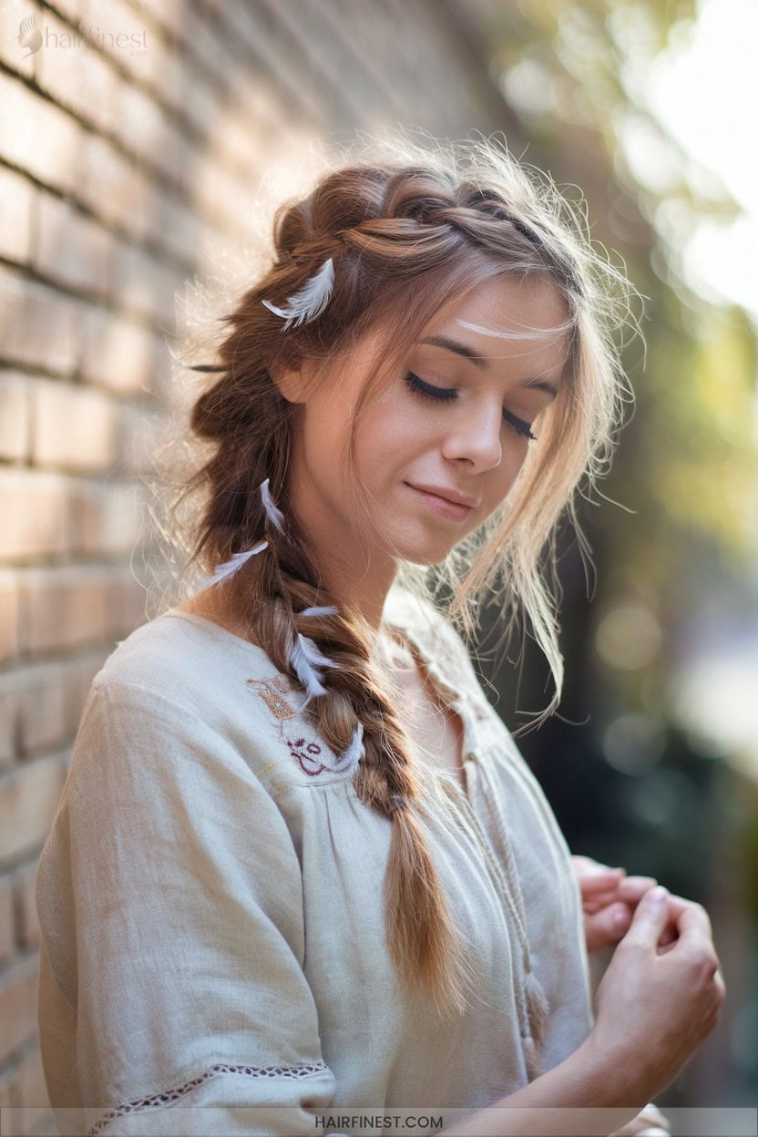 18 Side Boho Braid With Feathers