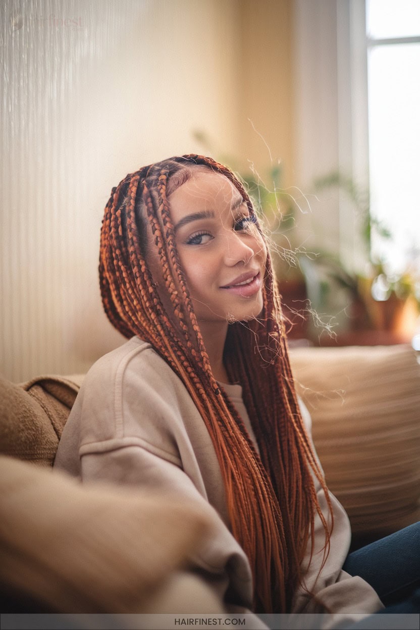 8 Small Ginger Box Braids With Subtle Color Blending