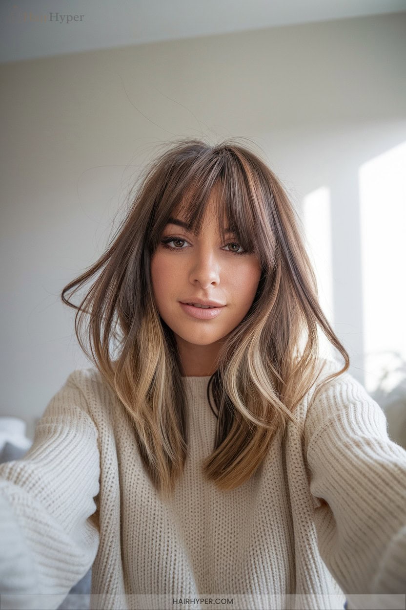 6 Brunette Balayage Butterfly Cut With Soft Curtain Bangs