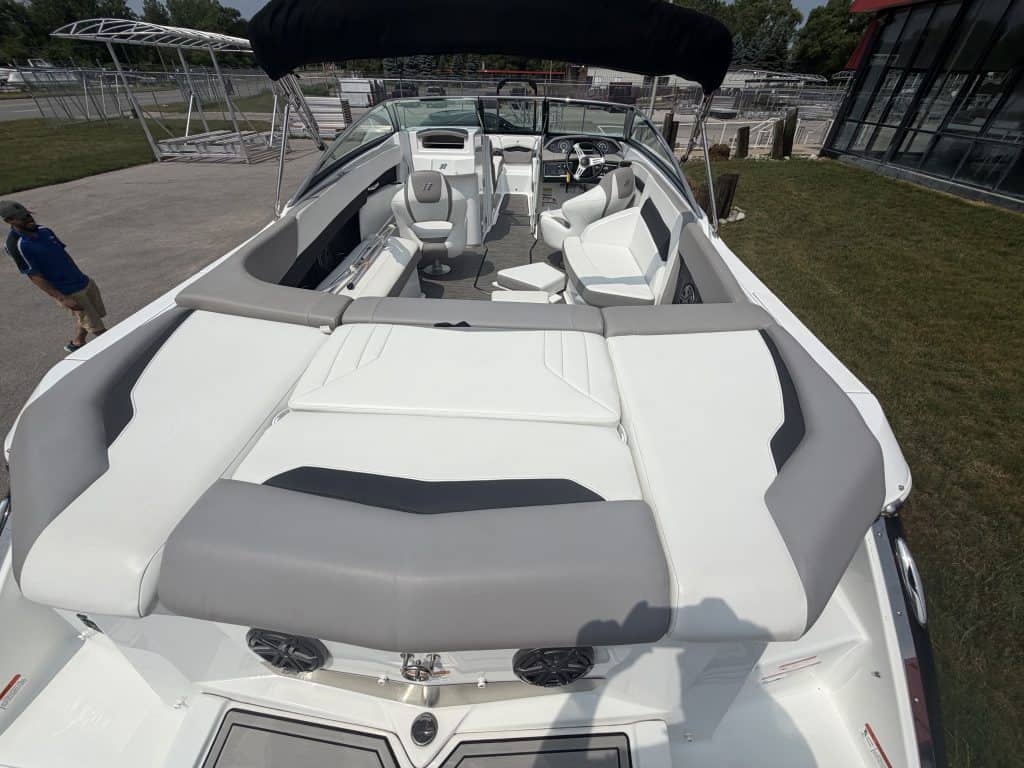 Boat with spacious seating and modern design for water sports enthusiasts.
