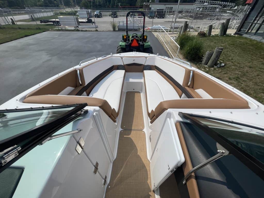 Luxury boat interior with seating for leisure and water activities.