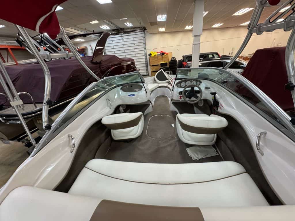 Comfortable boat interior with seating for family and friends.