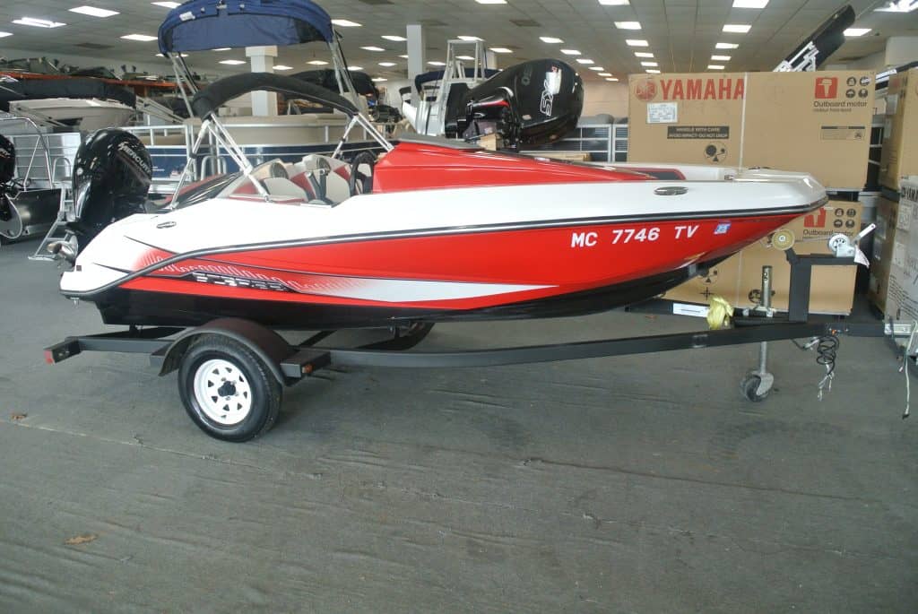 Speedboat with Yamaha outboard motor displayed at Hall's Sport Center.