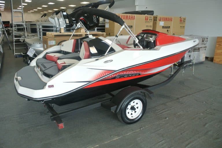 Fast speedboat on trailer, perfect for water adventures and boating enthusiasts at Hall's Sport Center.
