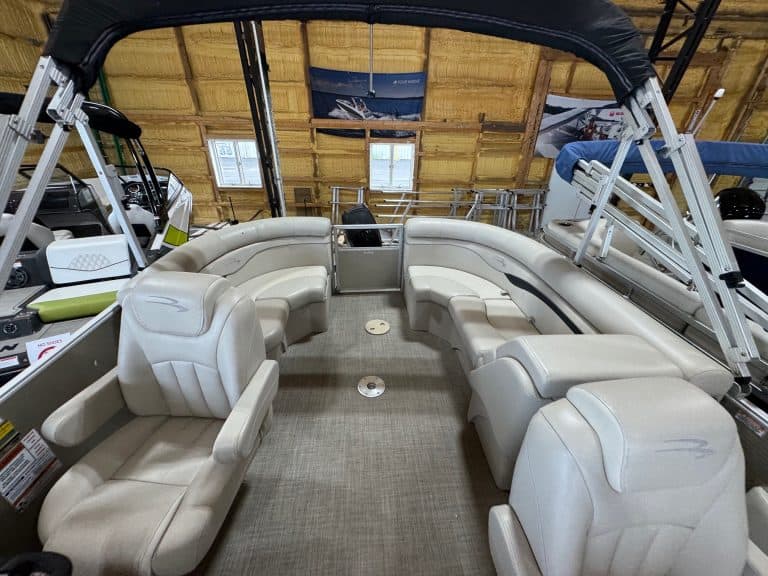 Pontoon boat with spacious seating at Hall's Sport Center.