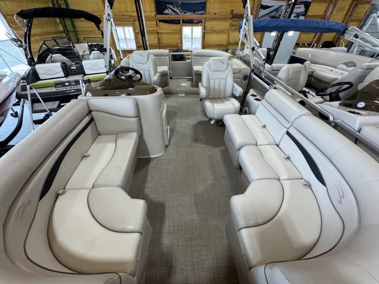 Pontoon boat with spacious seating and modern design.