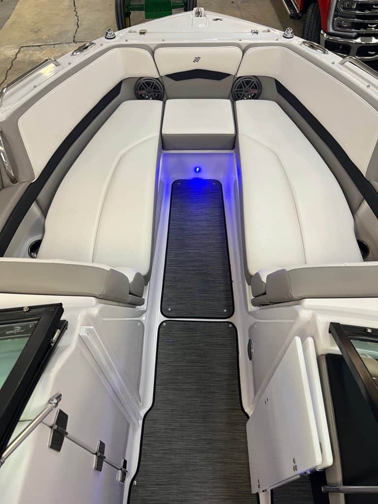 Luxury boat seating with modern design and LED lighting.