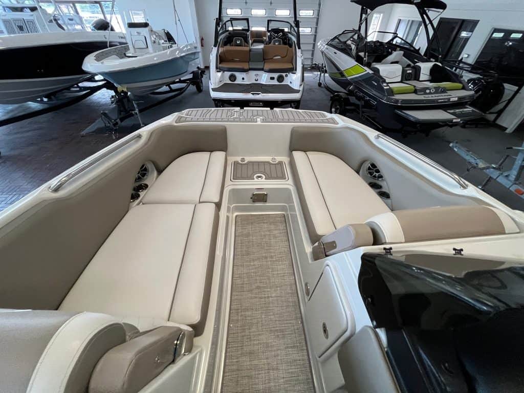 Bright, comfortable boat seating with advanced sound system, perfect for leisure and water adventures.