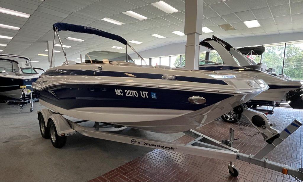 Fast performance boat showcased at Hall's Sport Center, perfect for water sports enthusiasts.