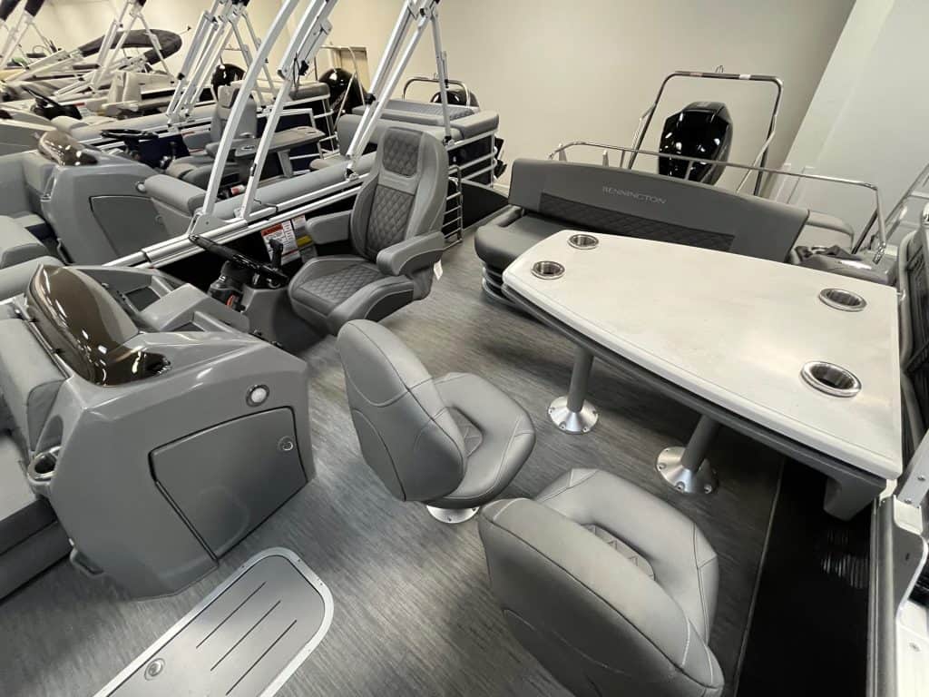 Pontoon boat seats with plush cushions, versatile layout, ideal for leisure boating and family trips.