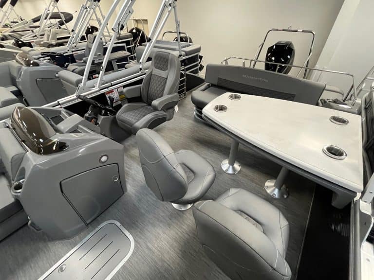 Pontoon boat seats with plush cushions, versatile layout, ideal for leisure boating and family trips.