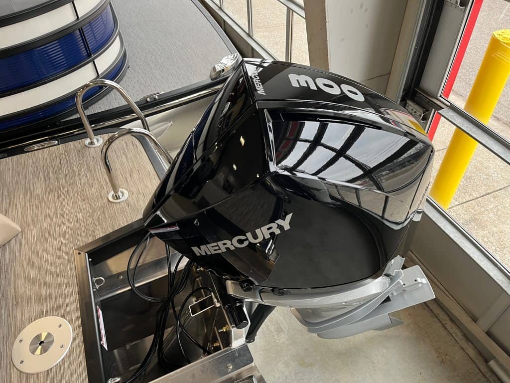 High-performance Mercury 200 outboard engine on display at Hall's Sport Center.