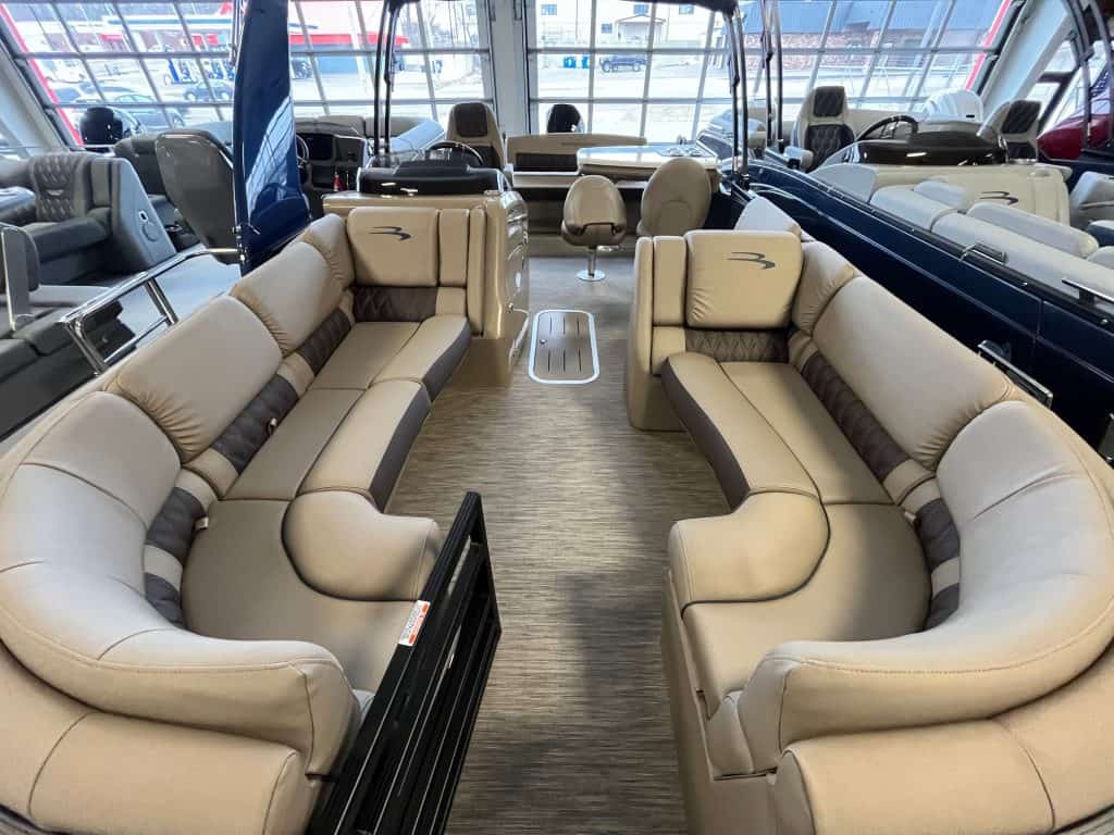 Comfortable beige and brown boat seating for sale at Hall's Sport Center. Perfect for recreational boats and yacht interiors.