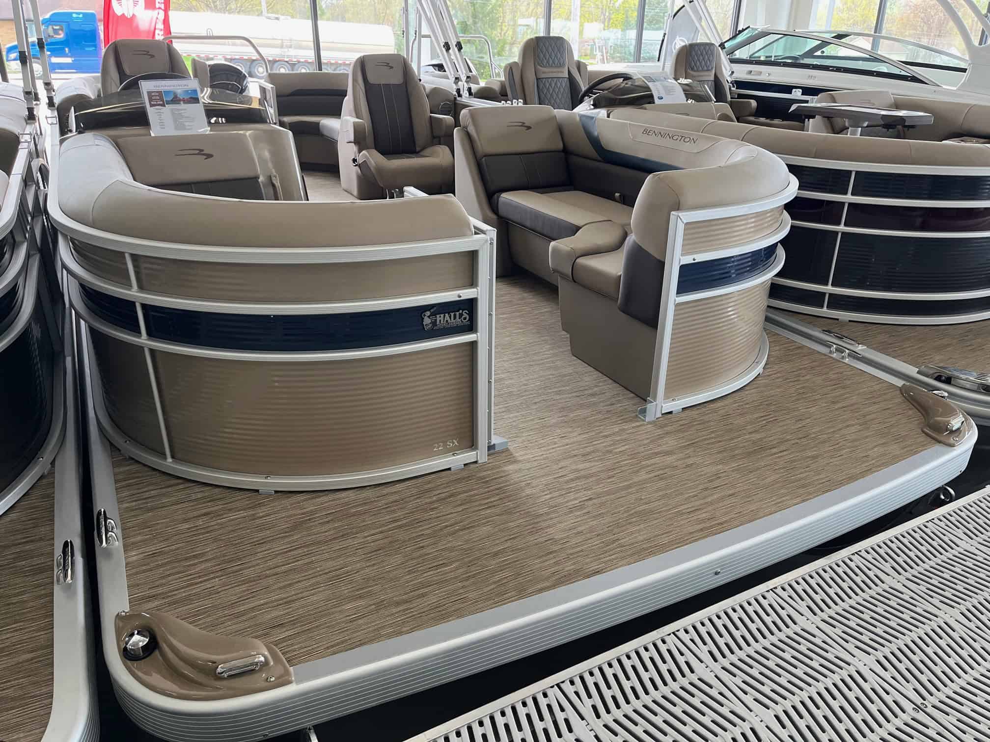 High-quality pontoon boats at Hall's Sport Center, perfect for relaxing days on the water.