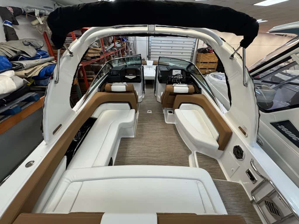 Luxury boat interior with spacious seating and modern design.