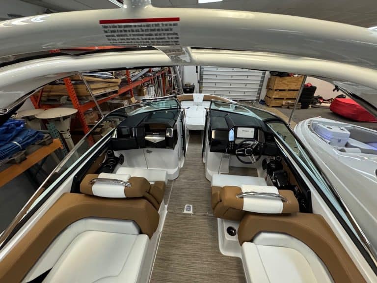 Luxury boat interior with spacious seating and modern controls.