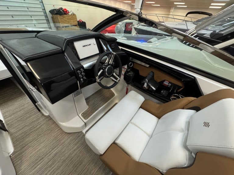 Modern yacht helm station with advanced navigation systems.