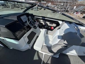 Interior view of the 2025 Four Winns H290 boat at Hall's Sport Center.