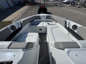 Luxury boat interior with spacious seating and modern design.
