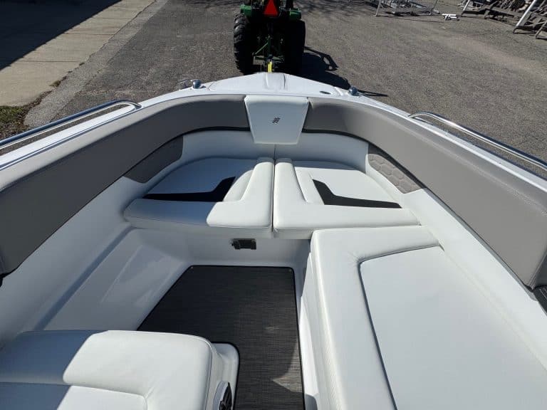 Elegant boat interior with spacious seating and modern design.