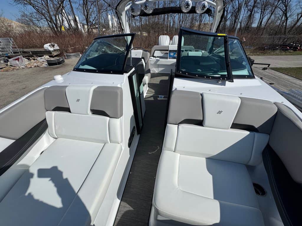 Luxury boat interior with spacious seating and modern design.