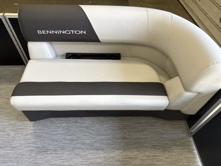 Modern white and black Bennington boat showroom bench at Hall's Sport Center.