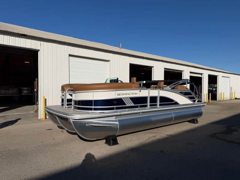 Bennington 22 MSB pontoon boat displayed at Hall's Sport Center.