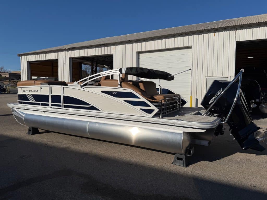 Bennington 22 MSB pontoon boat for sale at Hall's Sport Center, perfect for family fun and water adv.