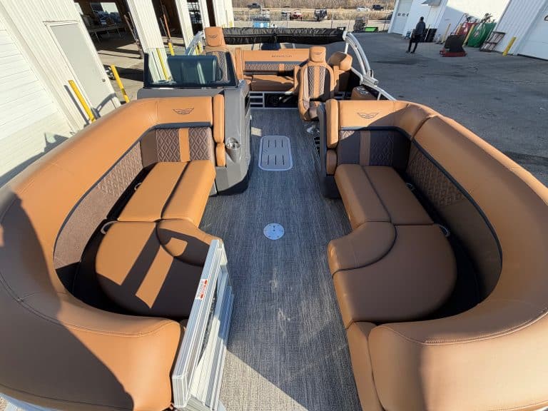 View of the Bennington 22 MSB pontoon boat at Hall's Sport Center dealership.