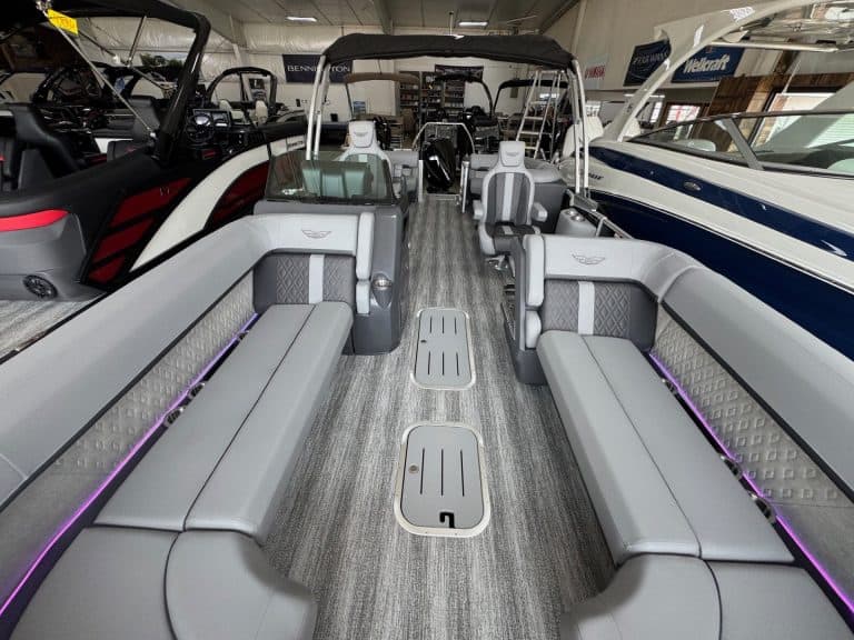 Modern Bennington 24 MFB pontoon boat with spacious seating and sleek design.